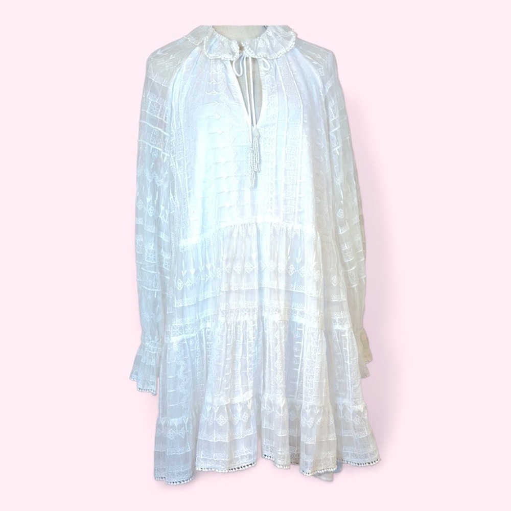 Zara size‎ Small oyster white lace tie neck oversized praire lined mini dress